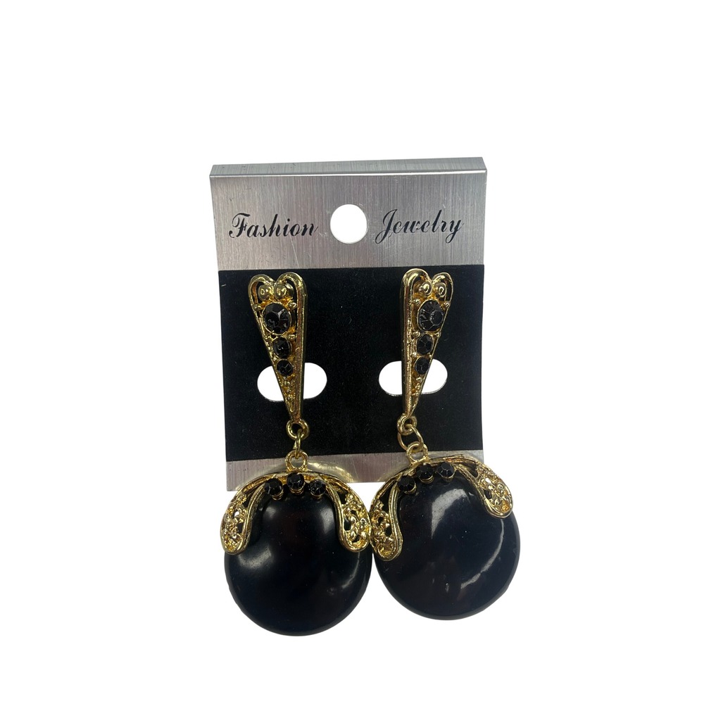 Vintage Style Gold Tone Black Cabochon Rhinestone Filigree Drop Earrings Y2K